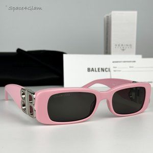 NEW Balenciaga BB0096S 012 Pink Silver Logo Grey Rectangle Unisex Sunglasses